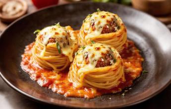 Гнёзда с тефтелями в сметанно-томатном соусе 