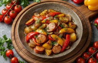 Картофель с колбасой, запеченный в духовке