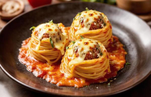 Гнёзда с тефтелями в сметанно-томатном соусе 