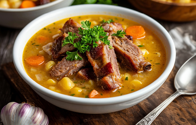 Гороховый суп с копчёными рёбрышками  фото