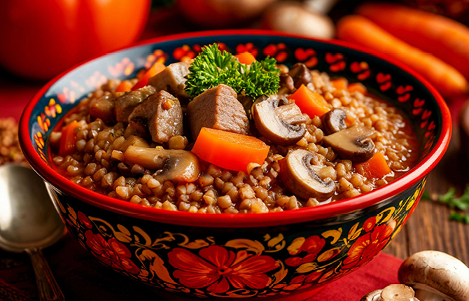 Гречка по-купечески с грибами и бужениной фото