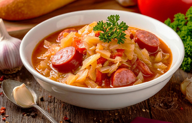 Капуста тушеная с колбасой фото