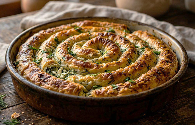 Болгарская баница с творогом и зеленью фото